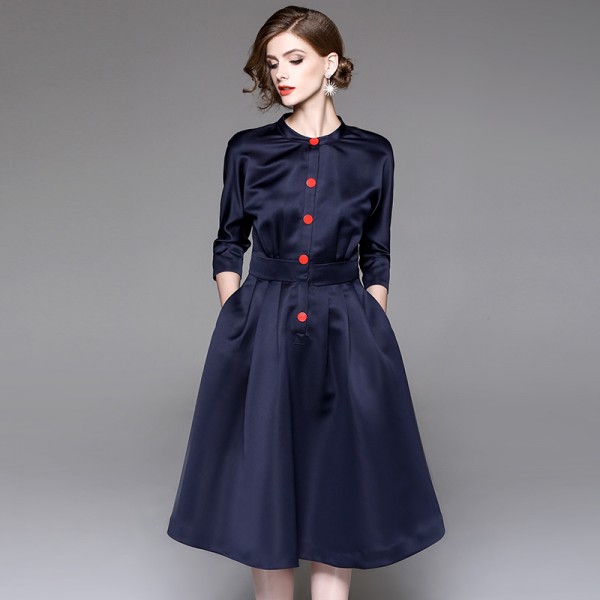 1714108-2021 spring and Autumn New Women's Hepburn style standing collar 7 / 6 sleeve middle swing dress 