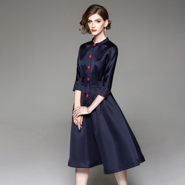 1714108-2021 spring and Autumn New Women's Hepburn style standing collar 7 / 6 sleeve middle swing dress 
