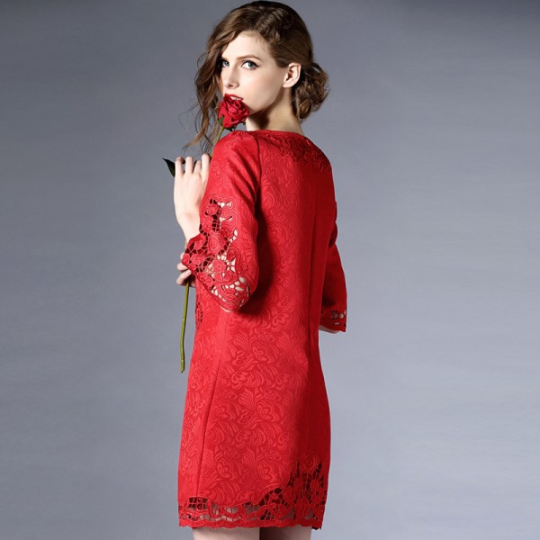 F1052-2021 Bridesmaid bride's return door red new year dress hollow out embroidered trumpet sleeve dress wedding night 