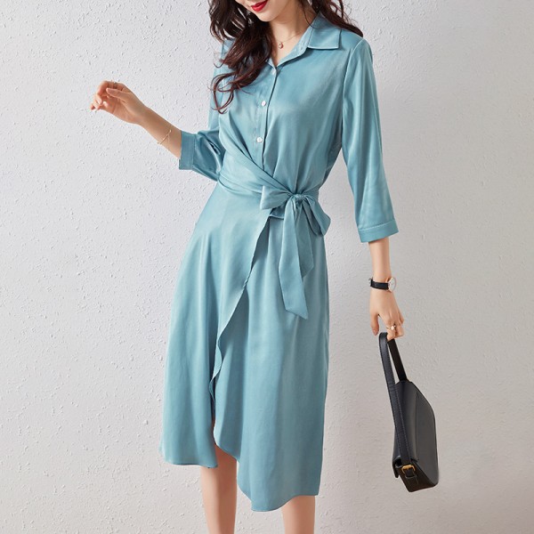 2003304-2021 spring and summer new light sense Satin waist band design shirt skirt dress commuter 