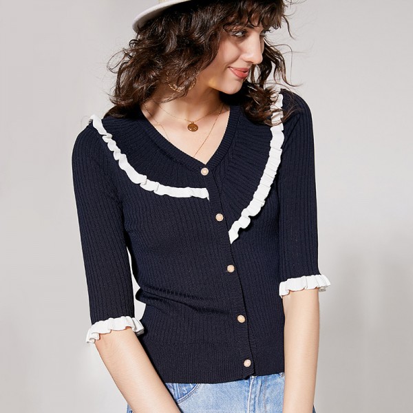 1924208-2021 autumn French new style elegant age reduction contrast ear edge V-neck single breasted knitted cardigan 