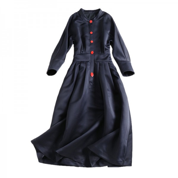 1714108-2021 spring and Autumn New Women's Hepburn style standing collar 7 / 6 sleeve middle swing dress 