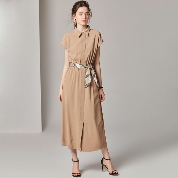 1912307-2019 summer new elegant temperament Lapel raglan sleeve waist split length dress 