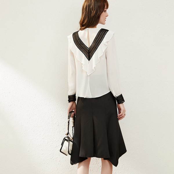 1941306-2021 two piece French contrast cut out Ruffle chiffon shirt with waist down and half skirt 
