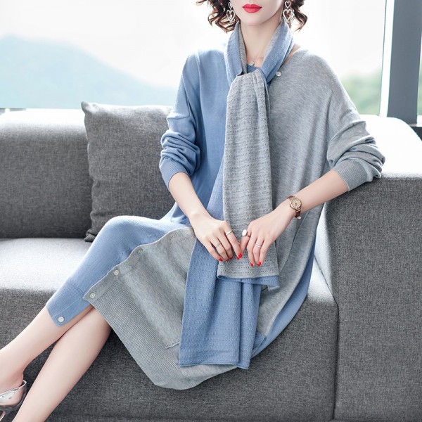 1926503-2021 autumn and winter new women's Scarf Collar simple temperament versatile show thin knitted dress irregular 