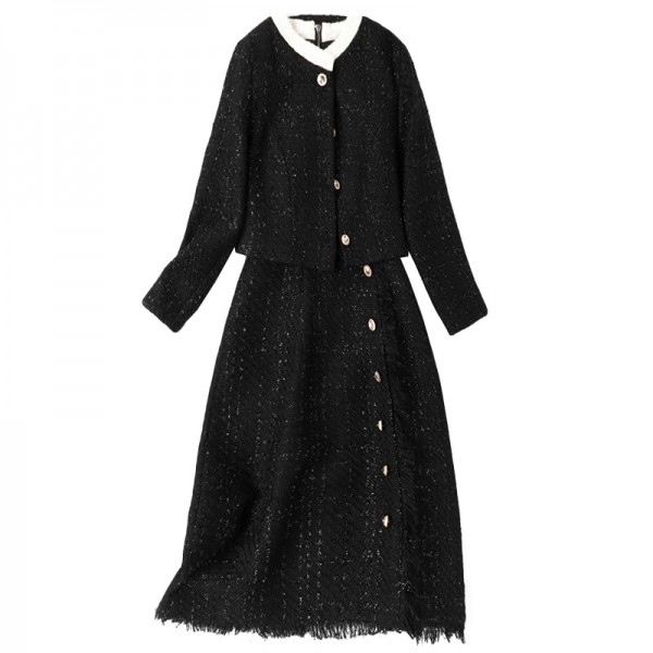 1835307-2021 autumn new style commuting dress elegant Plaid round neck long sleeve two piece A-line skirt 