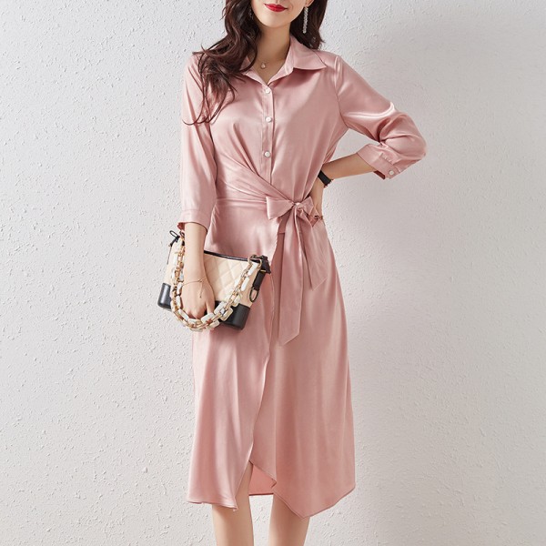 2003304-2021 spring and summer new light sense Satin waist band design shirt skirt dress commuter 