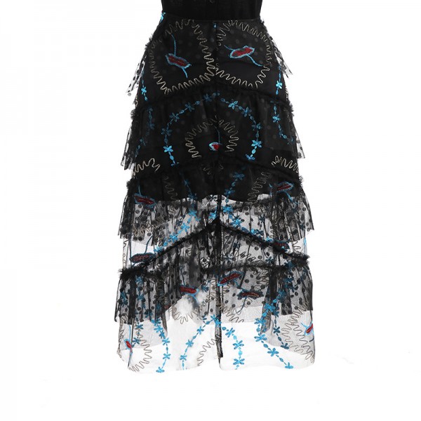 Q1918208-2021 summer new French fashionable high waist slim slim half length A-line skirt embroidered gauze skirt 