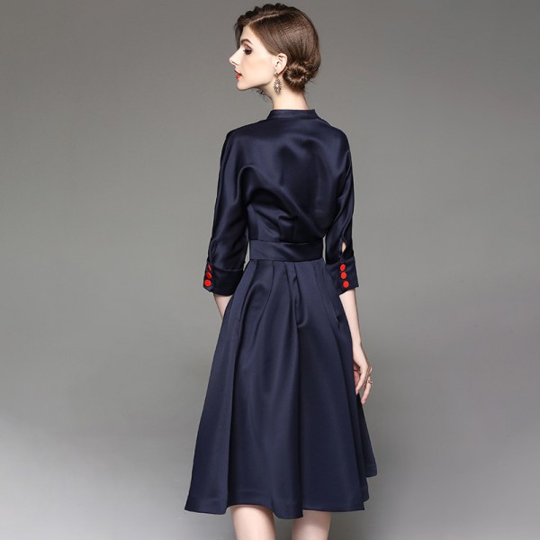 1714108-2021 spring and Autumn New Women's Hepburn style standing collar 7 / 6 sleeve middle swing dress 