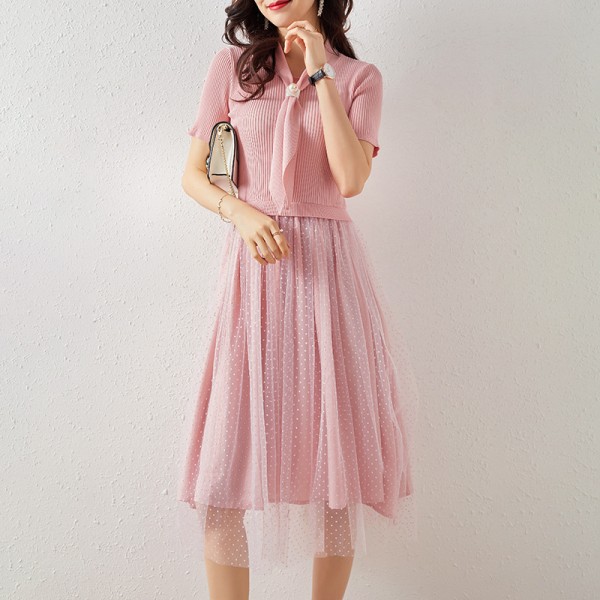 2003103-2021 spring and summer new slim knitting flocking wave dot mesh fake two dresses with simple temperament 