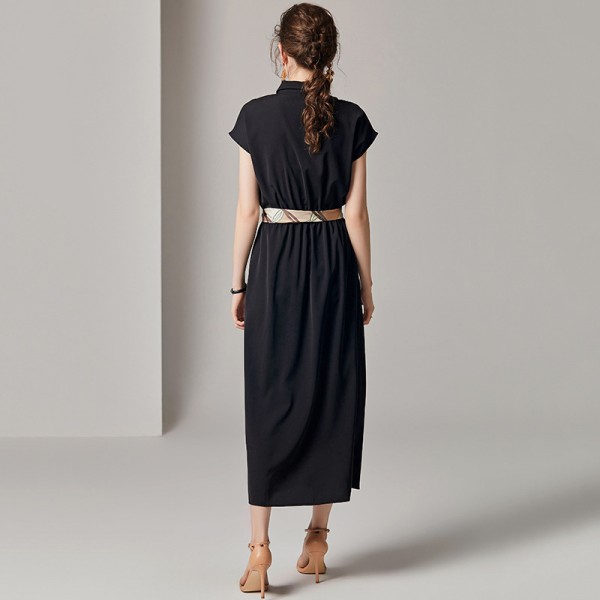 1912307-2019 summer new elegant temperament Lapel raglan sleeve waist split length dress 