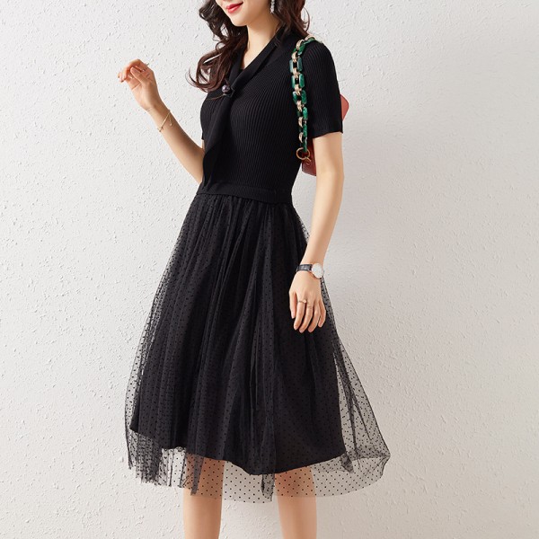 2003103-2021 spring and summer new slim knitting flocking wave dot mesh fake two dresses with simple temperament 