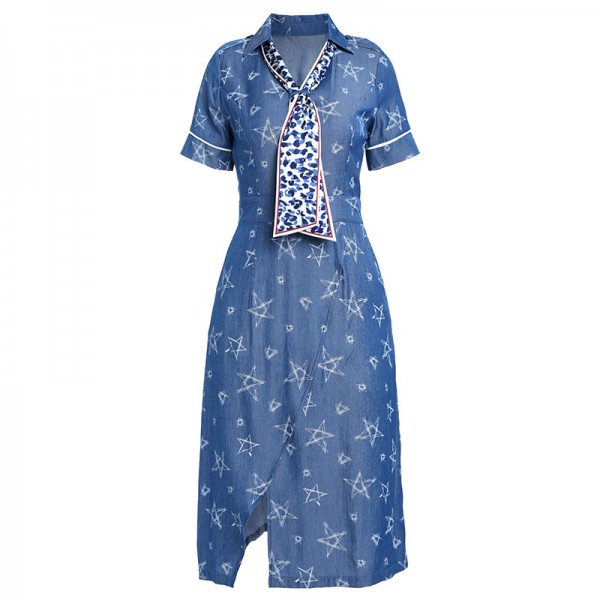 1913203-2021 summer new V-neck printing ribbon hand painted five pointed star waist split denim dress 