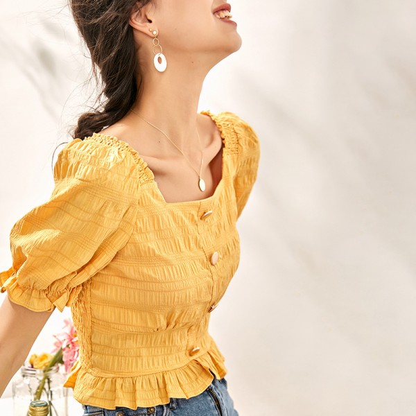 S2008805-2021 new French Chic one line collar age reducing bubble sleeve short sleeve T-shirt 