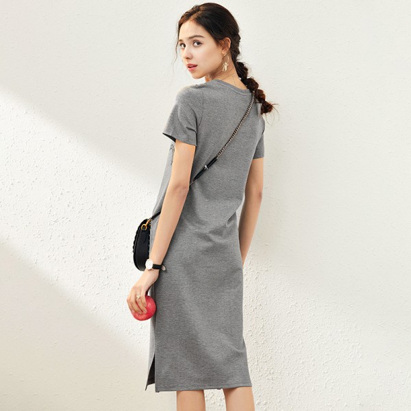 2006507-2021 spring and summer French New Age reducing round neck hot drill mouse T-shirt split casual dress 