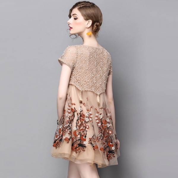1706605-2021 summer new European and American women's round neck lace mesh embroidery short dress 