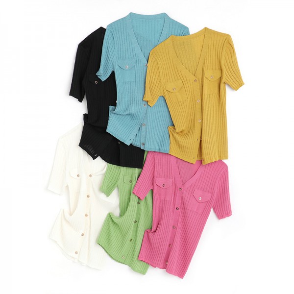 S2006405-2021 spring and summer new French retro top versatile temperament knitted cardigan simple T-shirt lazy 