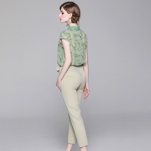 1920107-2021 summer new Chiffon printed shirt top + suit pants two piece suit with belt 