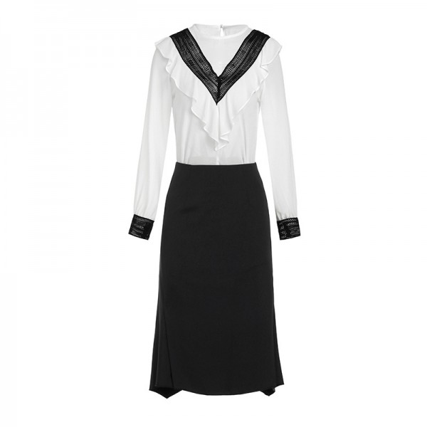1941306-2021 two piece French contrast cut out Ruffle chiffon shirt with waist down and half skirt 