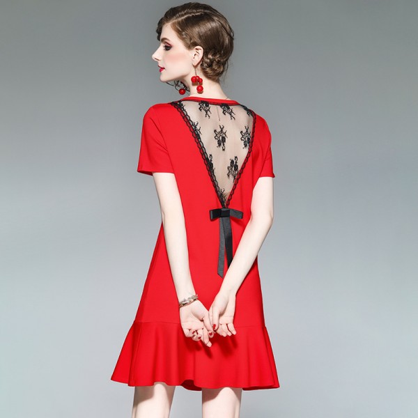 1910609-2021 spring and summer new women's fashionable age reducing stitching lace cut out Ruffle Dress 