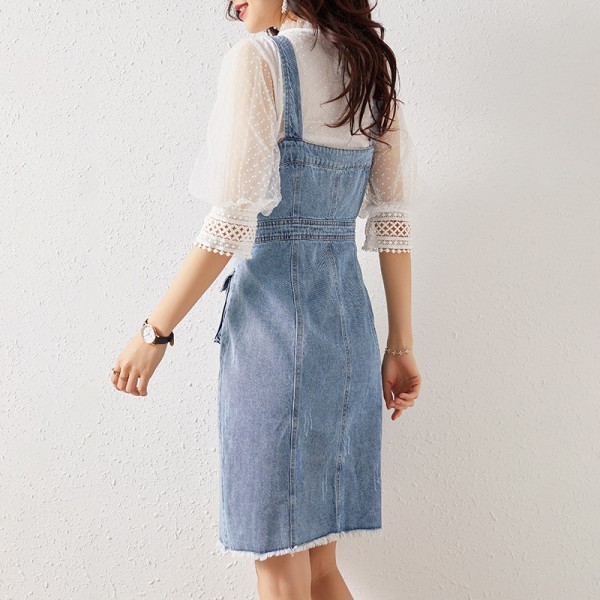 Q2003108-2021 spring and summer new French age reducing strap skirt single breasted denim dress versatile youth 
