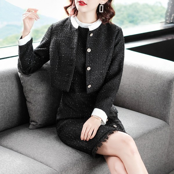 1835307-2021 autumn new style commuting dress elegant Plaid round neck long sleeve two piece A-line skirt 