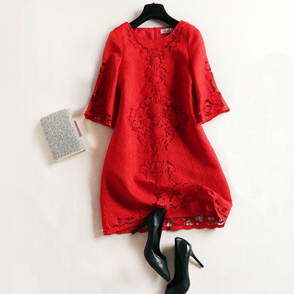 F1052-2021 Bridesmaid bride's return door red new year dress hollow out embroidered trumpet sleeve dress wedding night 