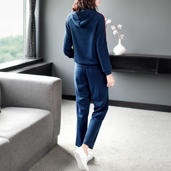 1926201-2021 autumn women's side striped Hoodie + high waist straight pants fashion casual two piece suit 
