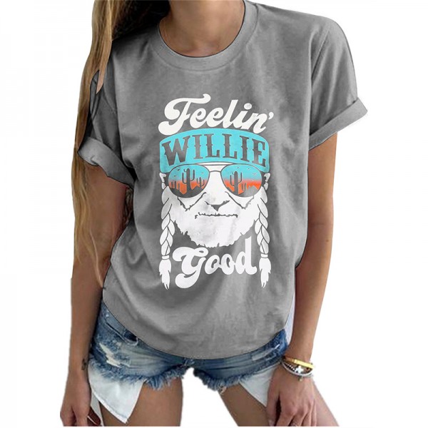 Amazon European and American foreign trade women's clothing spot summer three color old head letter printed women's clothing round neck short sleeve T-shirt 