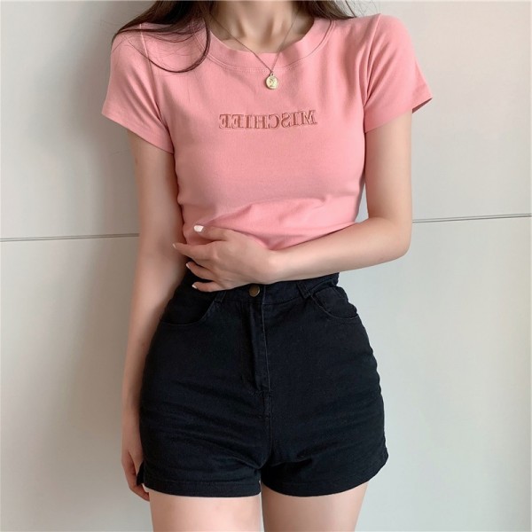 Letter embroidered top 2022 summer new slim bottomed women's wear Korean Short Sleeve fashion T-shirt loose wholesale 