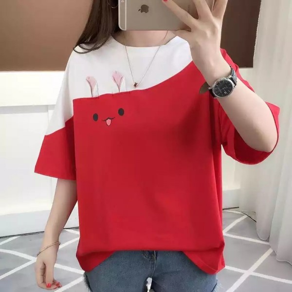 2022 summer new embroidered rabbit Korean color matching T-shirt student top loose short sleeved women's wear a shop 