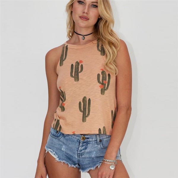 2021 Amazon wish new sleeveless round neck cactus print vest casual loose European and American small suspender 