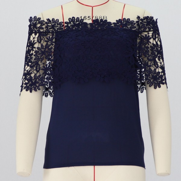 Cross border European and American spot AMZ hook flower straight neck sleeveless lace shirt lace splicing T-shirt 8195 