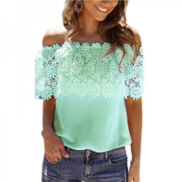 Cross border European and American spot AMZ hook flower straight neck sleeveless lace shirt lace splicing T-shirt 8195 