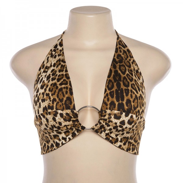 European and American style 2021 summer new women's sleeveless neck hanging short vest leopard print slim fit navel exposed small bra 