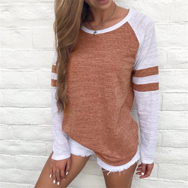Amazon eBay express fashion popular European and American tricolor stripe stitching long sleeve T-shirt round neck color matching top 