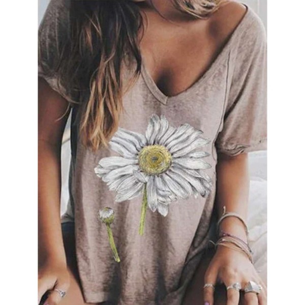 Amazon eBay quick selling popular European and American women's T-shirt summer 2021 casual V-neck printed short sleeved top 