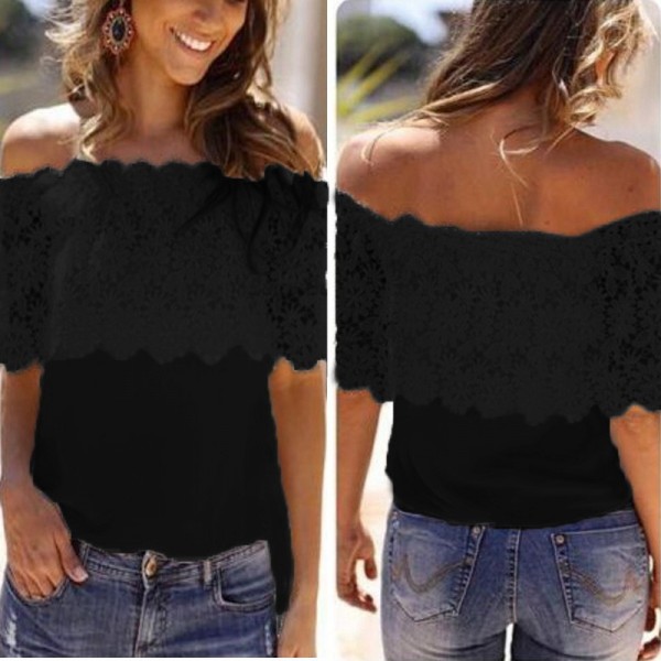 Cross border European and American spot AMZ hook flower straight neck sleeveless lace shirt lace splicing T-shirt 8195 