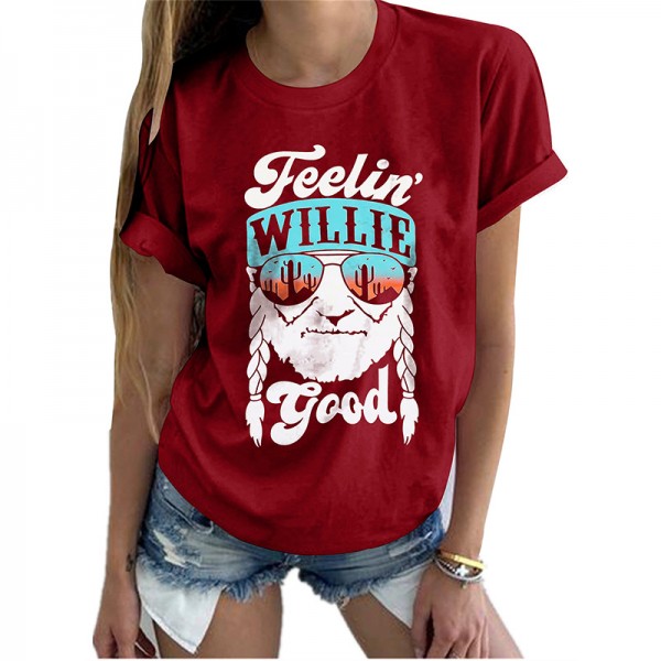 Amazon European and American foreign trade women's clothing spot summer three color old head letter printed women's clothing round neck short sleeve T-shirt 
