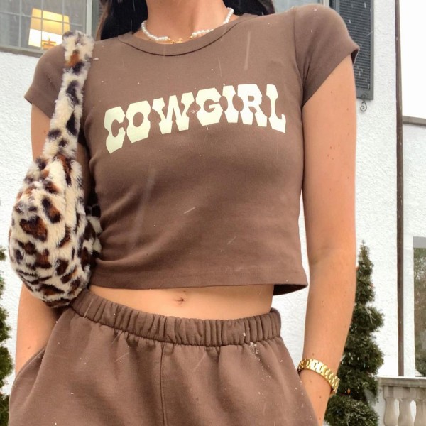 Europe and America 2021 summer popular women's wear BM style top Cowgirl slim short slim print T-shirt women 