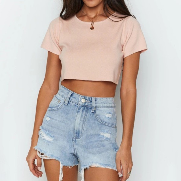 2020 cross-border hot selling independent station wish new! European and American spring and summer fashion versatile solid color open waist short sleeve T-shirt 