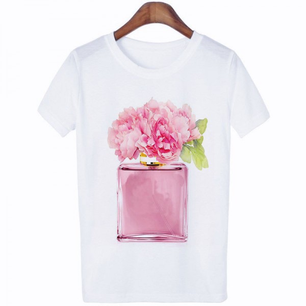 Amazon WISH hot lady 3D perfume printing short sleeved leisure t-shirt t-shirt factory direct sale 