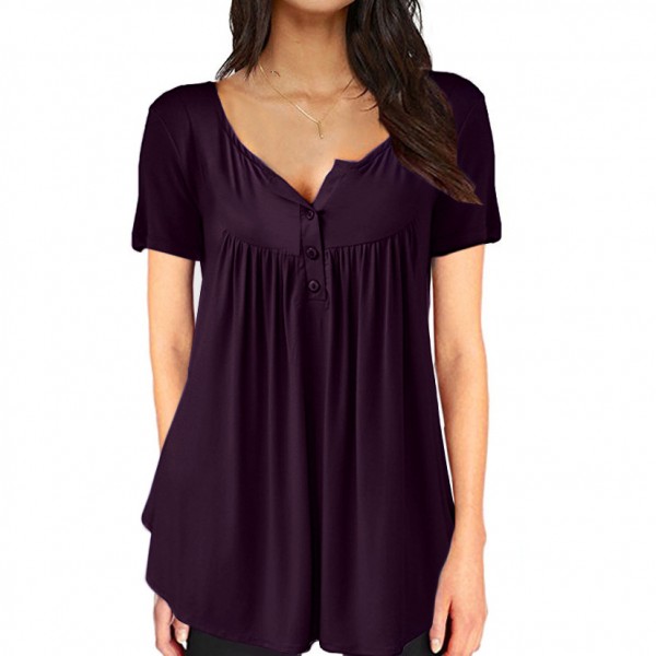 Amazon wish express European and American pop 2019 pleated open button loose short sleeved T-shirt 