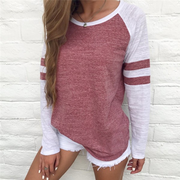Amazon eBay express fashion popular European and American tricolor stripe stitching long sleeve T-shirt round neck color matching top 