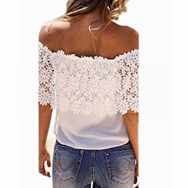 Cross border European and American spot AMZ hook flower straight neck sleeveless lace shirt lace splicing T-shirt 8195 