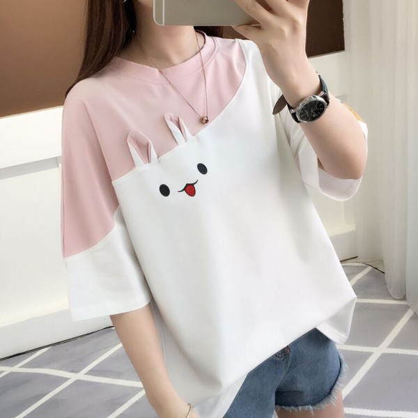 2022 summer new embroidered rabbit Korean color matching T-shirt student top loose short sleeved women's wear a shop 
