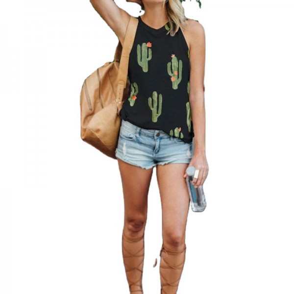 2021 Amazon wish new sleeveless round neck cactus print vest casual loose European and American small suspender 