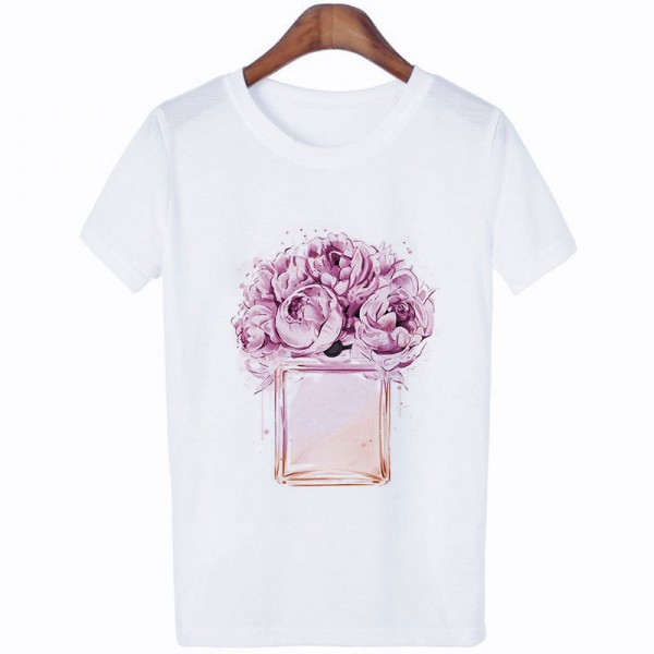 Amazon WISH hot lady 3D perfume printing short sleeved leisure t-shirt t-shirt factory direct sale 