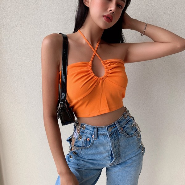 European and American foreign trade solid color low breast drawcord multi wearing method suspender sexy vest sleeveless women's slim open navel short top 