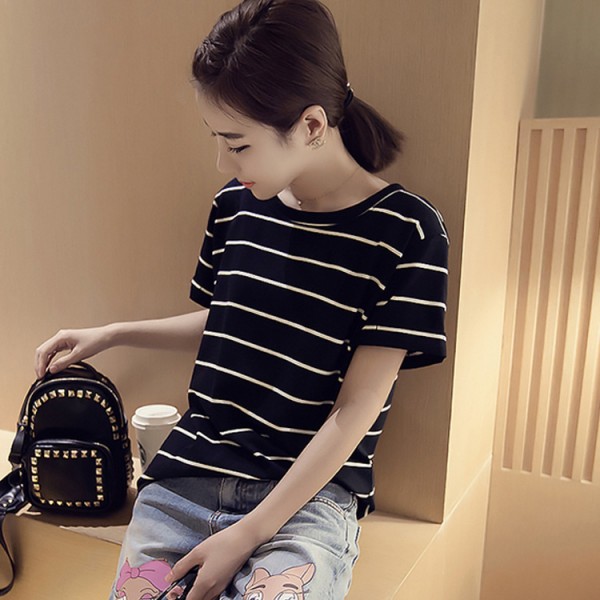 Striped T-shirt women's wholesale 2021 Korean version new loose large women's dress slim student summer stall women's dress 